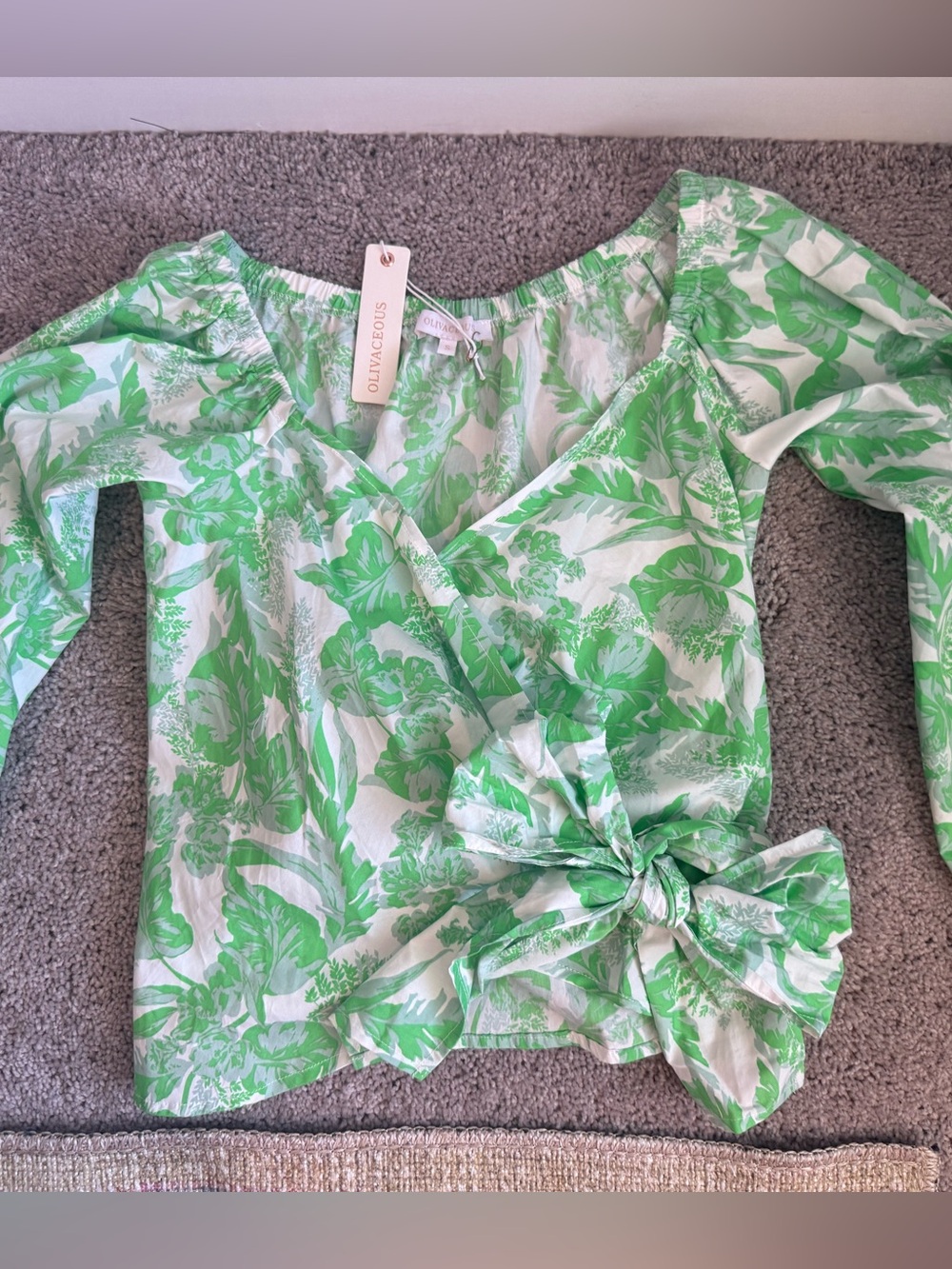 Olivaceous Green and White Floral Wrap Blouse